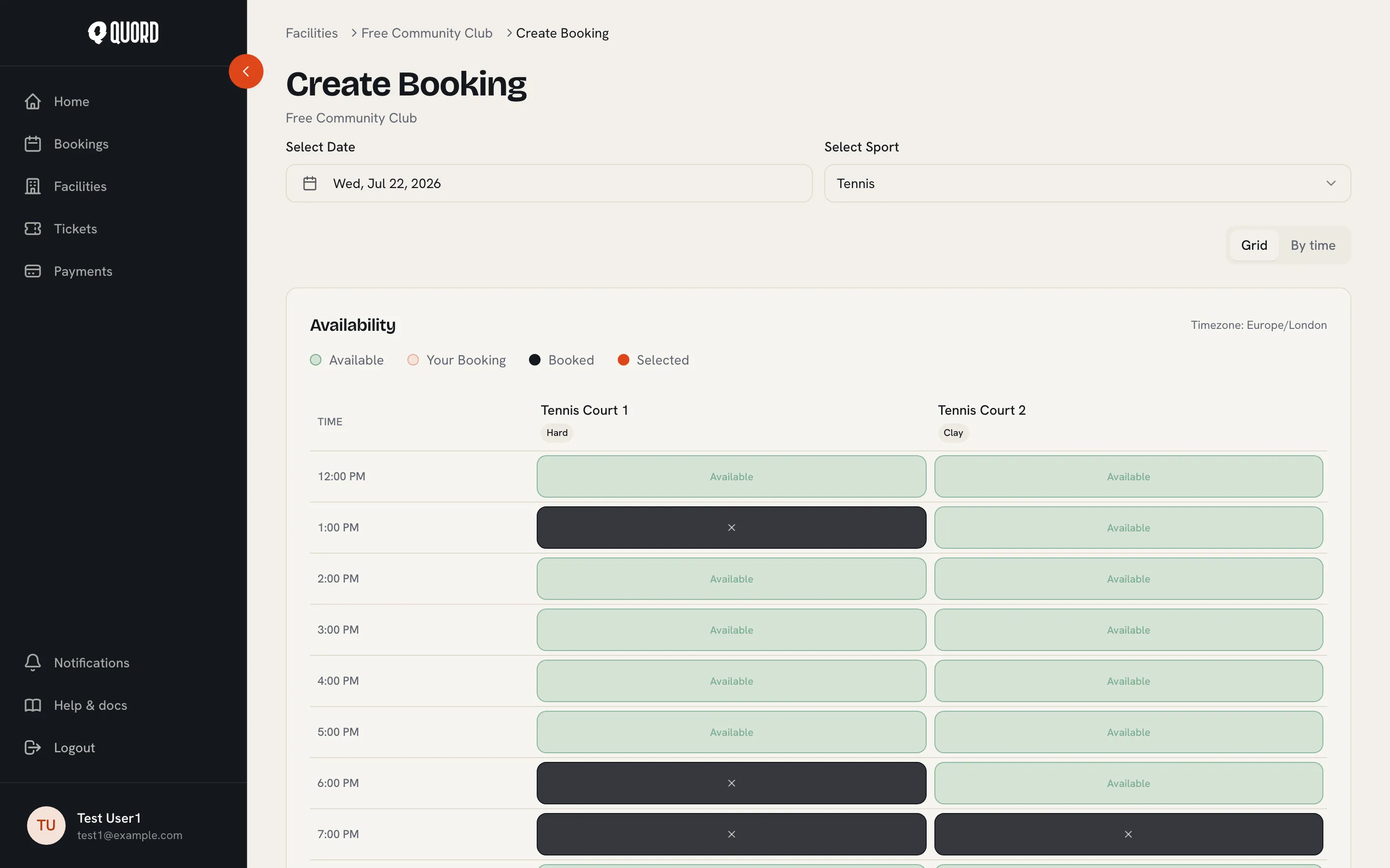 The Create Booking page with a date picker, a sport picker, and an availability grid of time slots per court