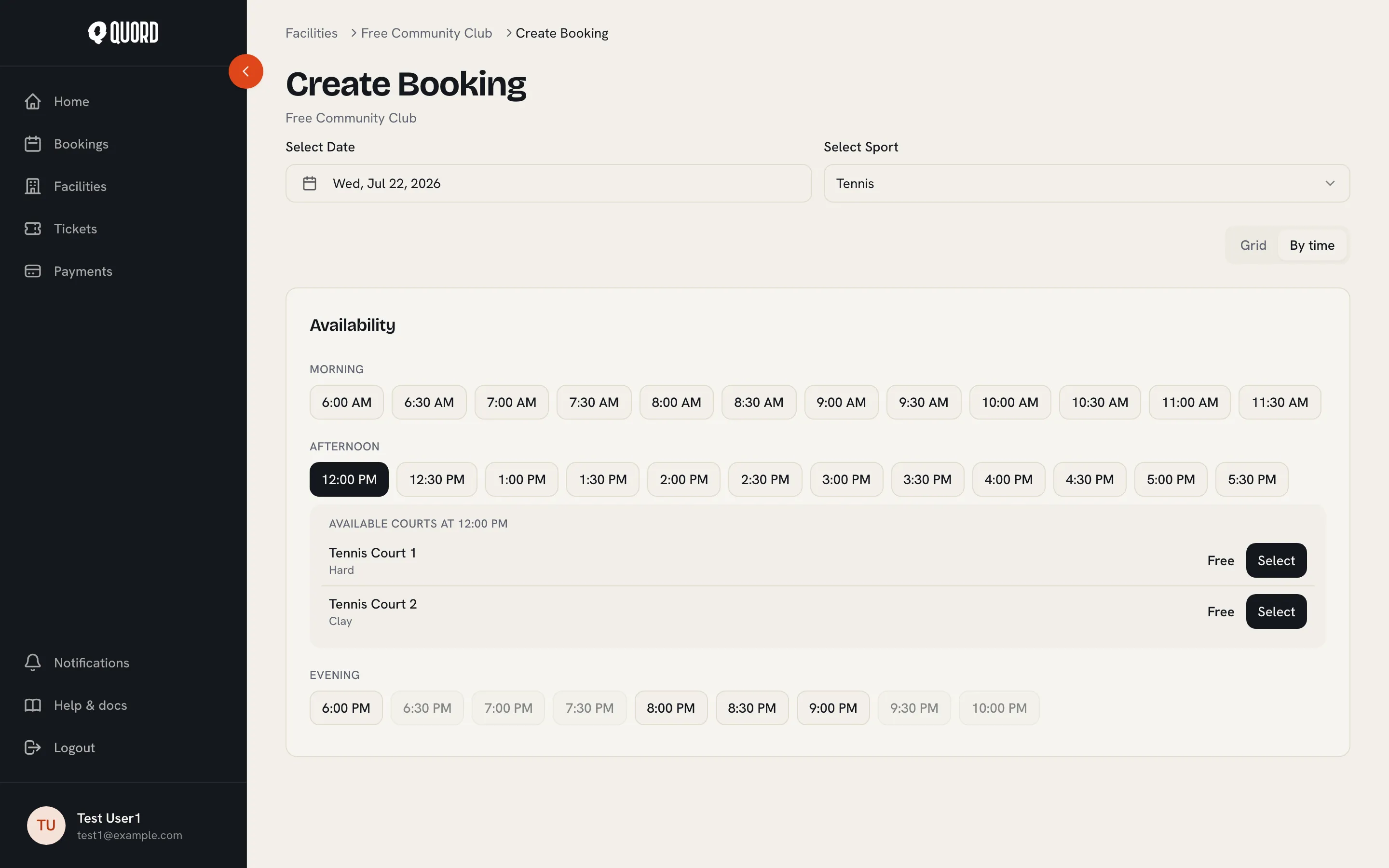 Create Booking page in the By time view, with start time buttons grouped by time of day and the free courts listed under the chosen time