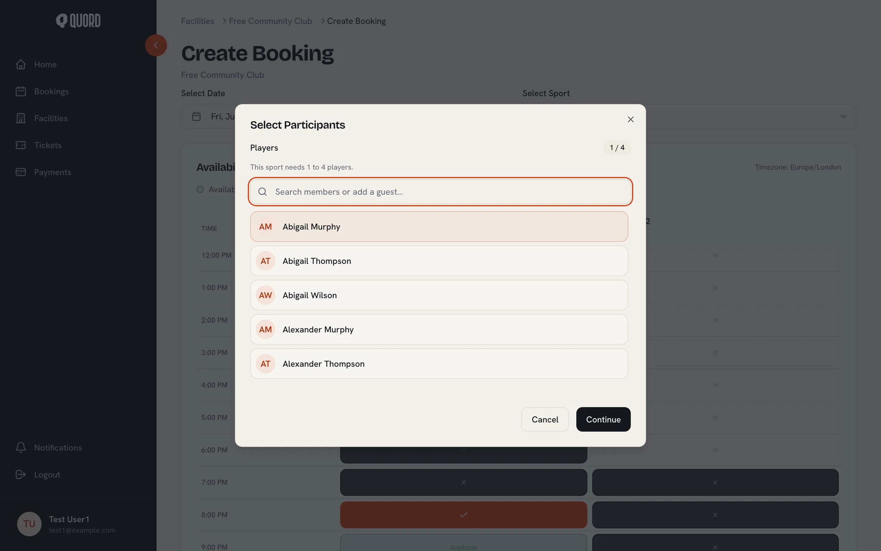 Select Participants dialog with a search box and a list of club members
