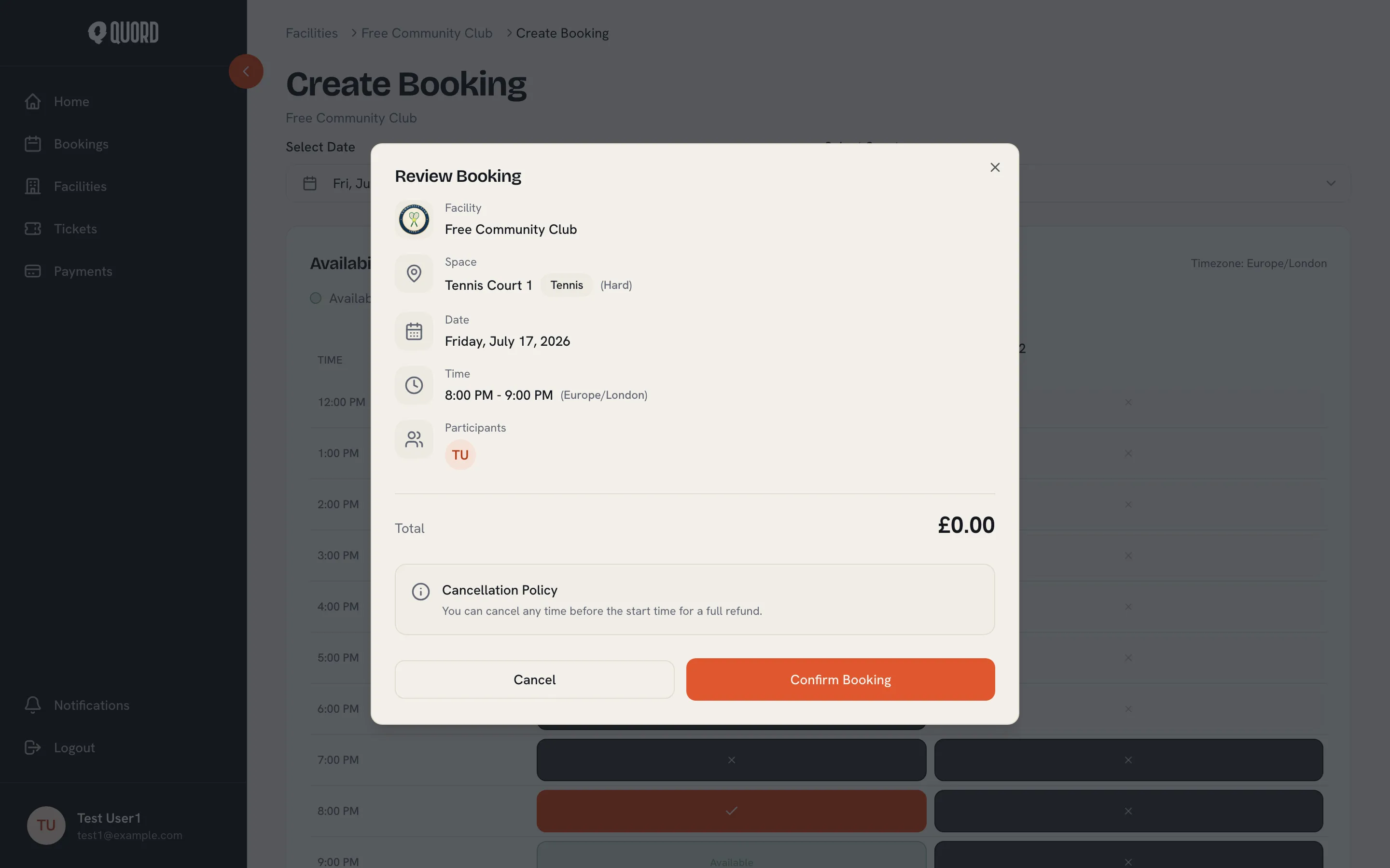 Review Booking dialog with the total price, cancellation policy and Confirm Booking button
