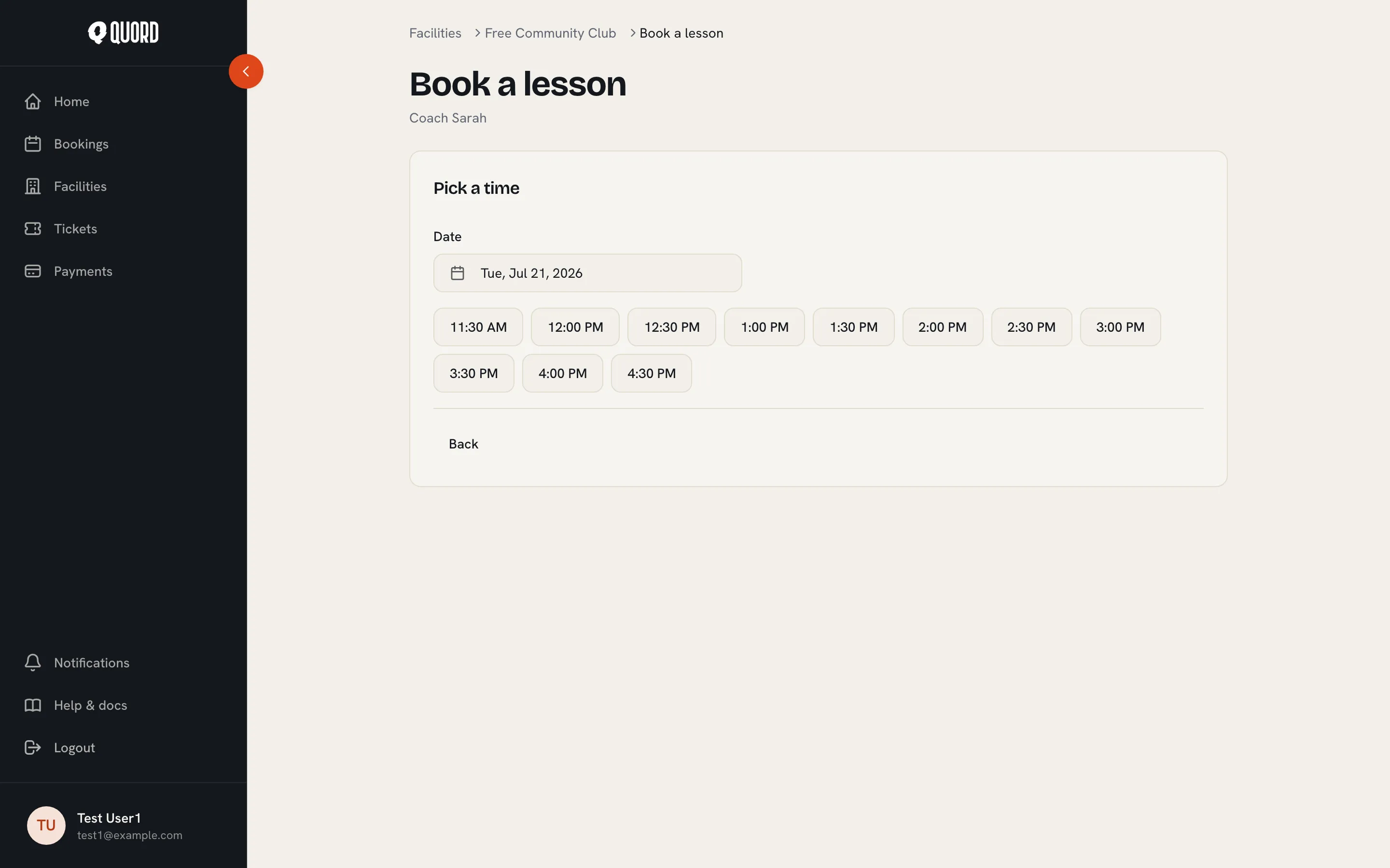 Book a lesson page with a date picker and available times for a coach
