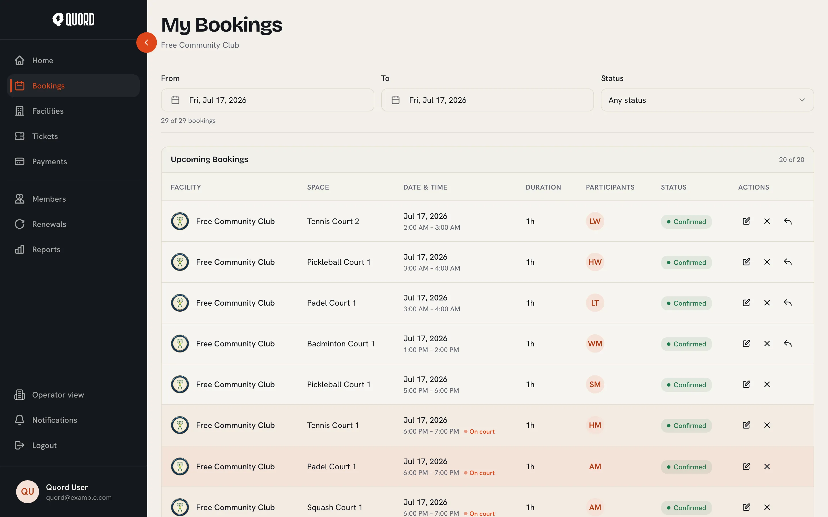 Operator bookings page with date and status filters and a table of upcoming bookings