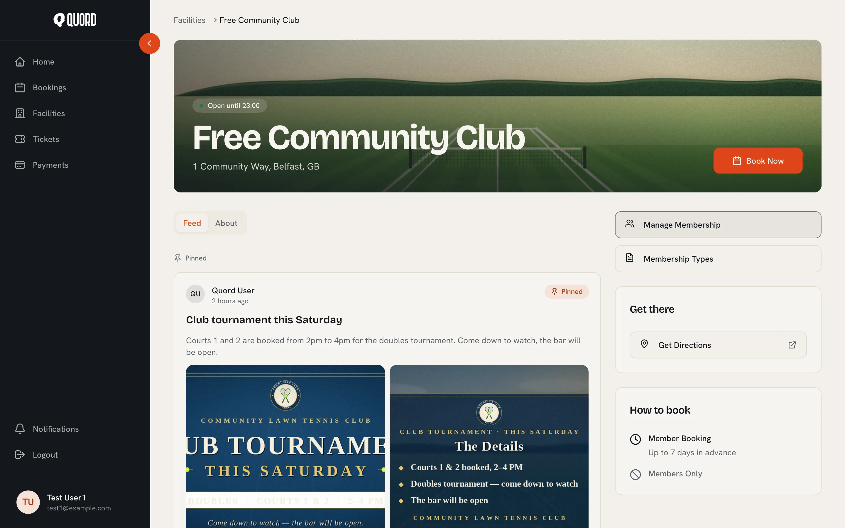 Member view of a club page’s Feed tab showing a pinned announcement with two photos