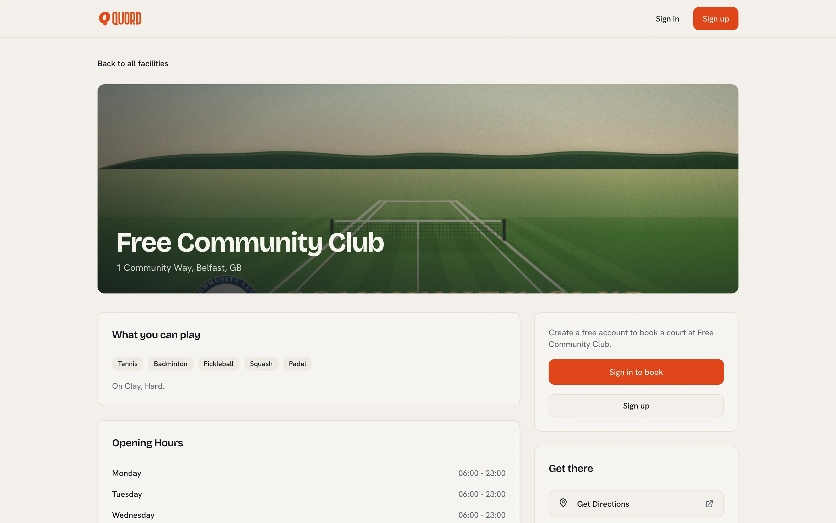 Public page for a club showing sports, opening hours and directions