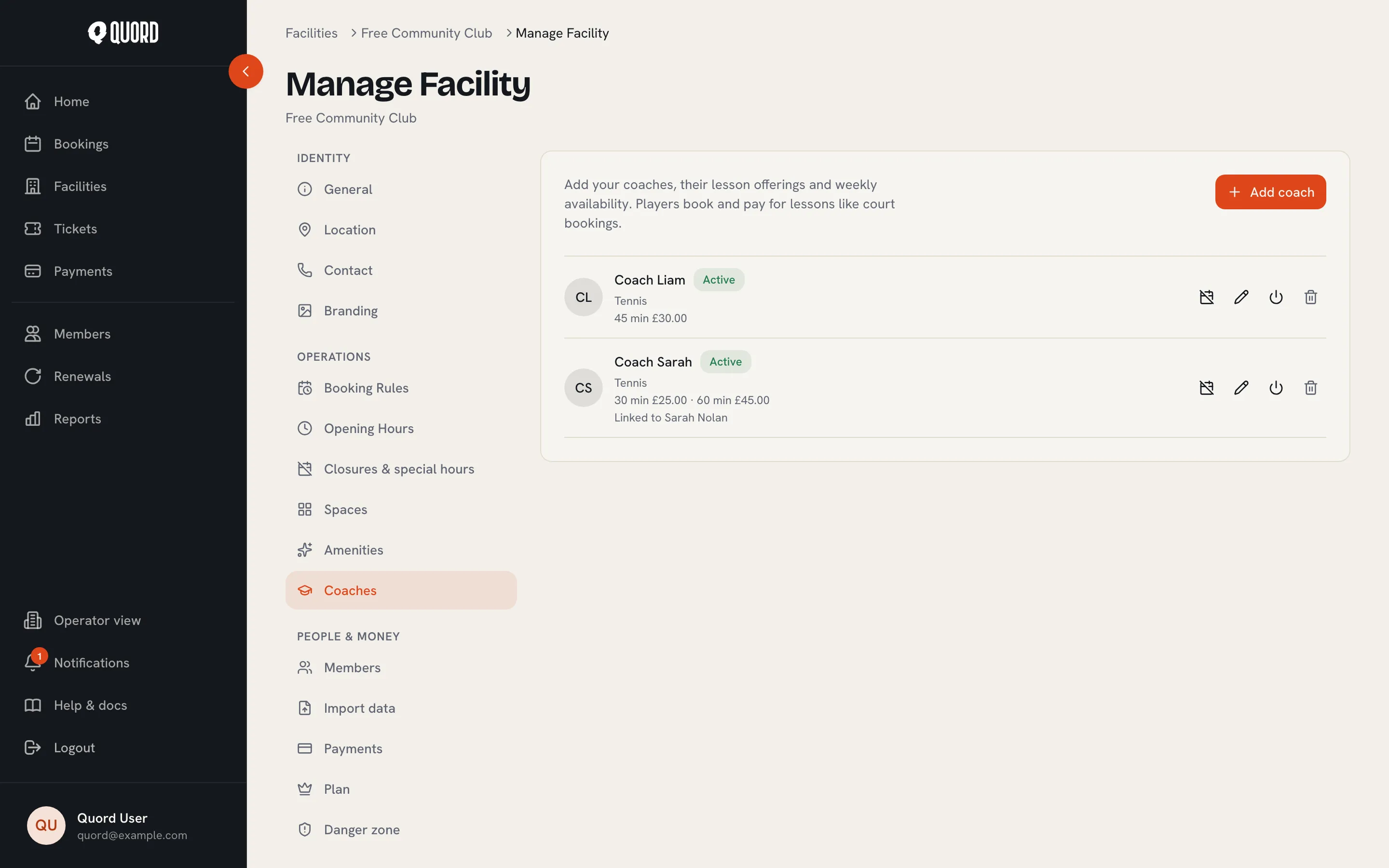 Manage Facility Coaches section listing two coaches with their offerings