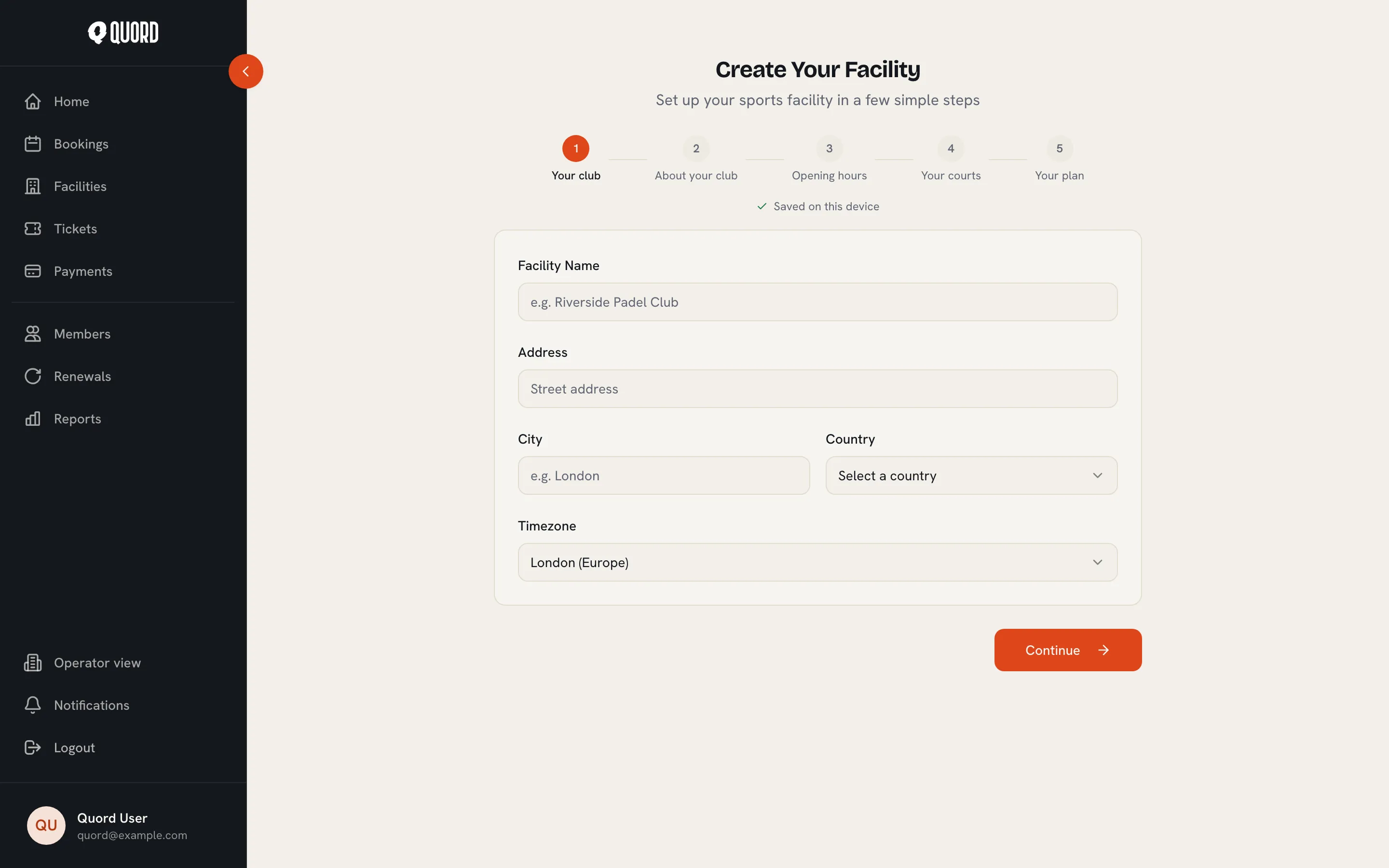 Create Your Facility wizard on step 1, Your club, with fields for facility name, address, city, country and timezone
