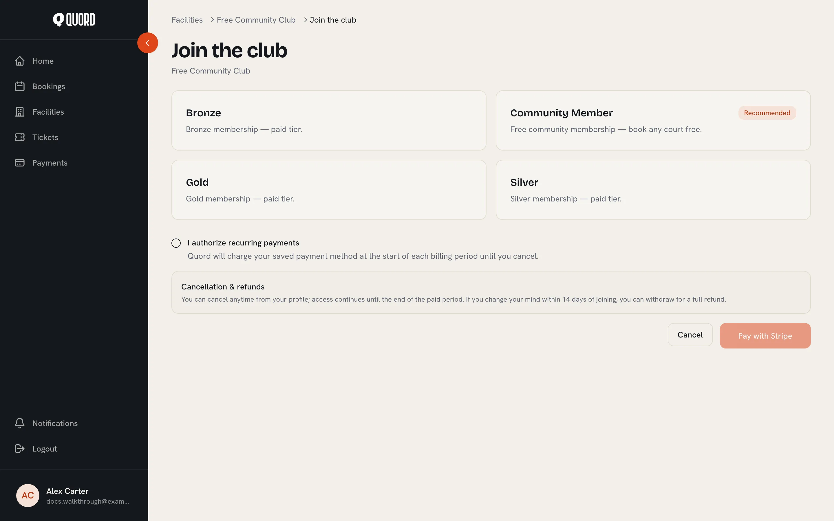The Join the club page with plan cards, the recurring payments checkbox and Pay with Stripe