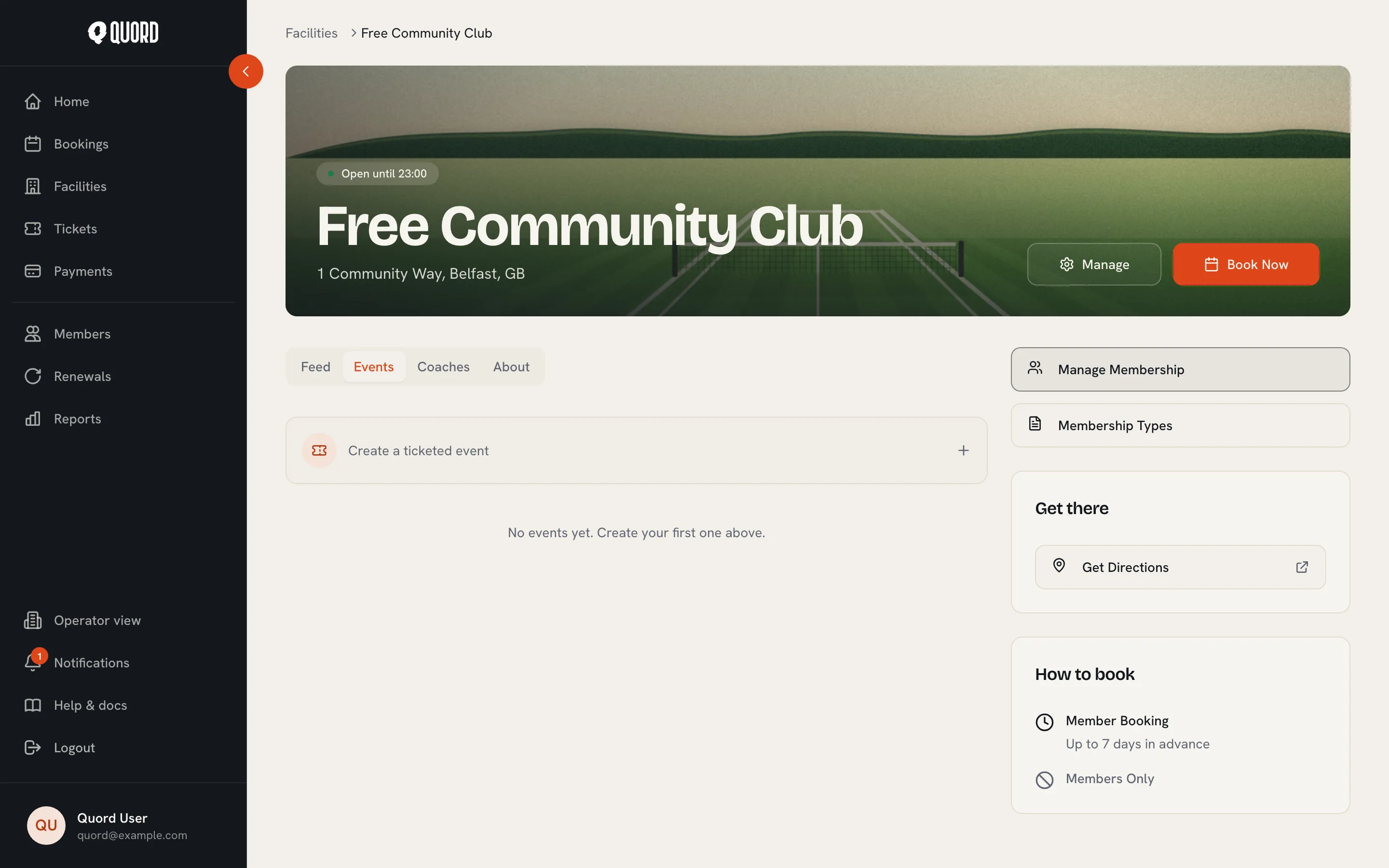 Manager view of a club’s Events tab with the Create a ticketed event button