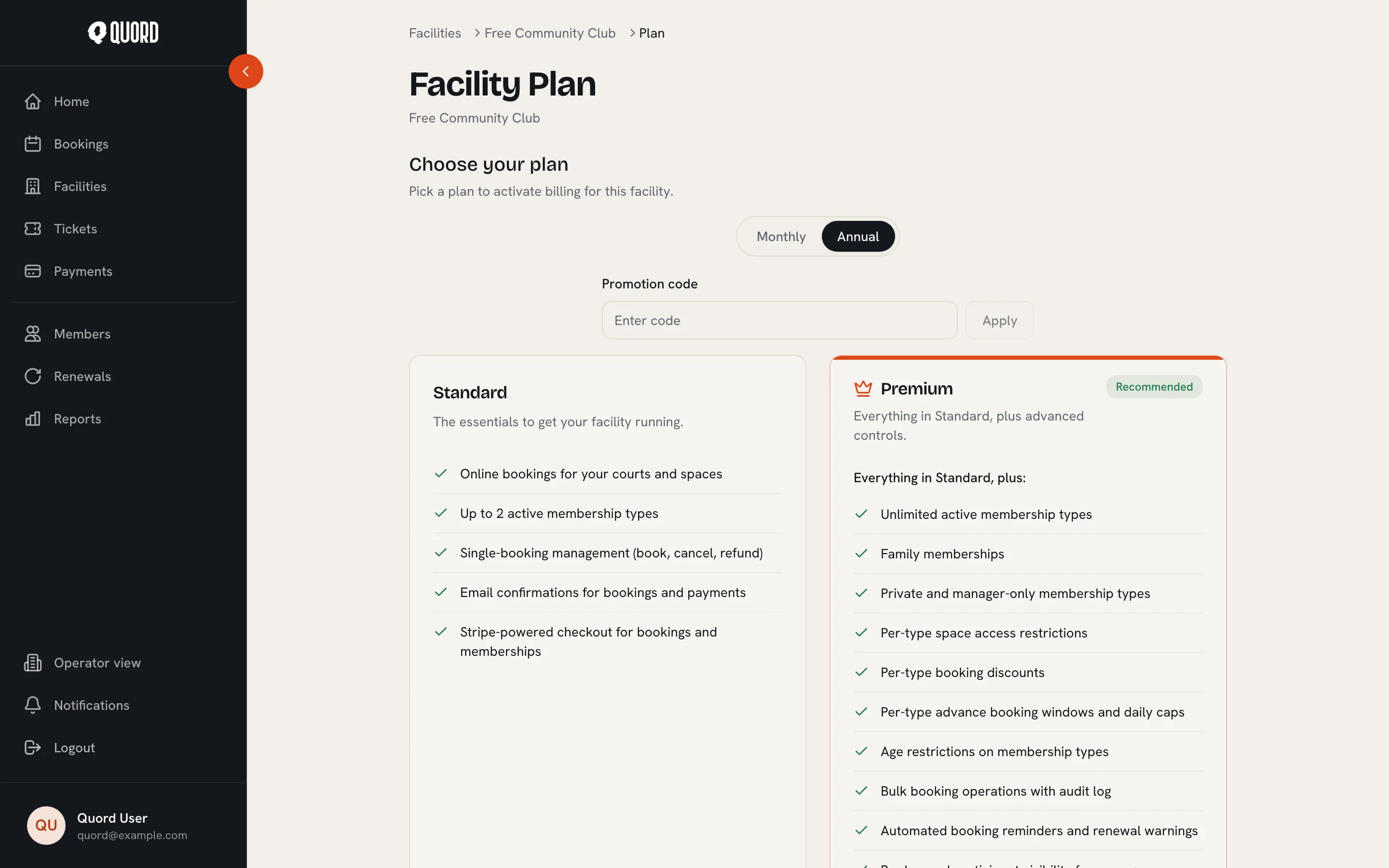 The Facility Plan page on the Choose your plan step, with Standard and Premium cards and a promotion code field