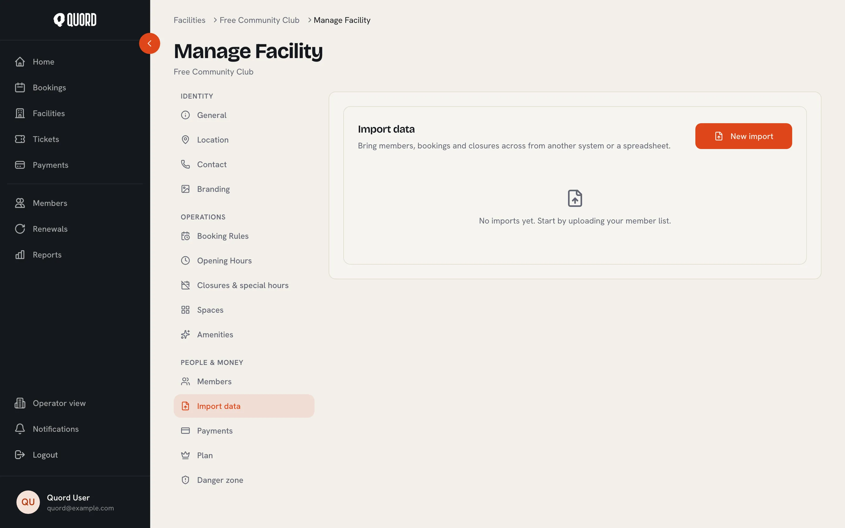 Manage Facility with the Import data section selected and its New import button