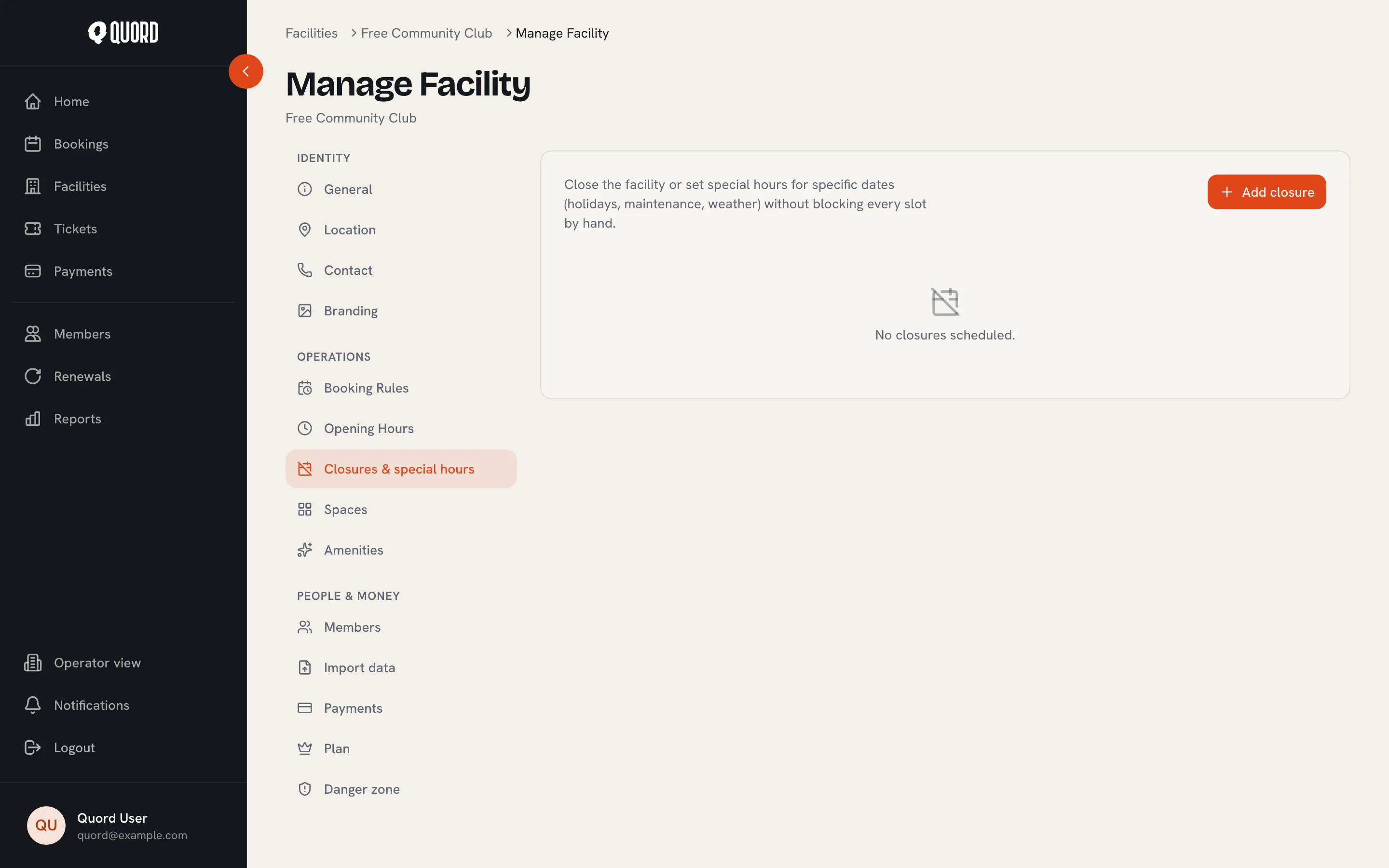 Closures & special hours section in Manage with the Add closure button