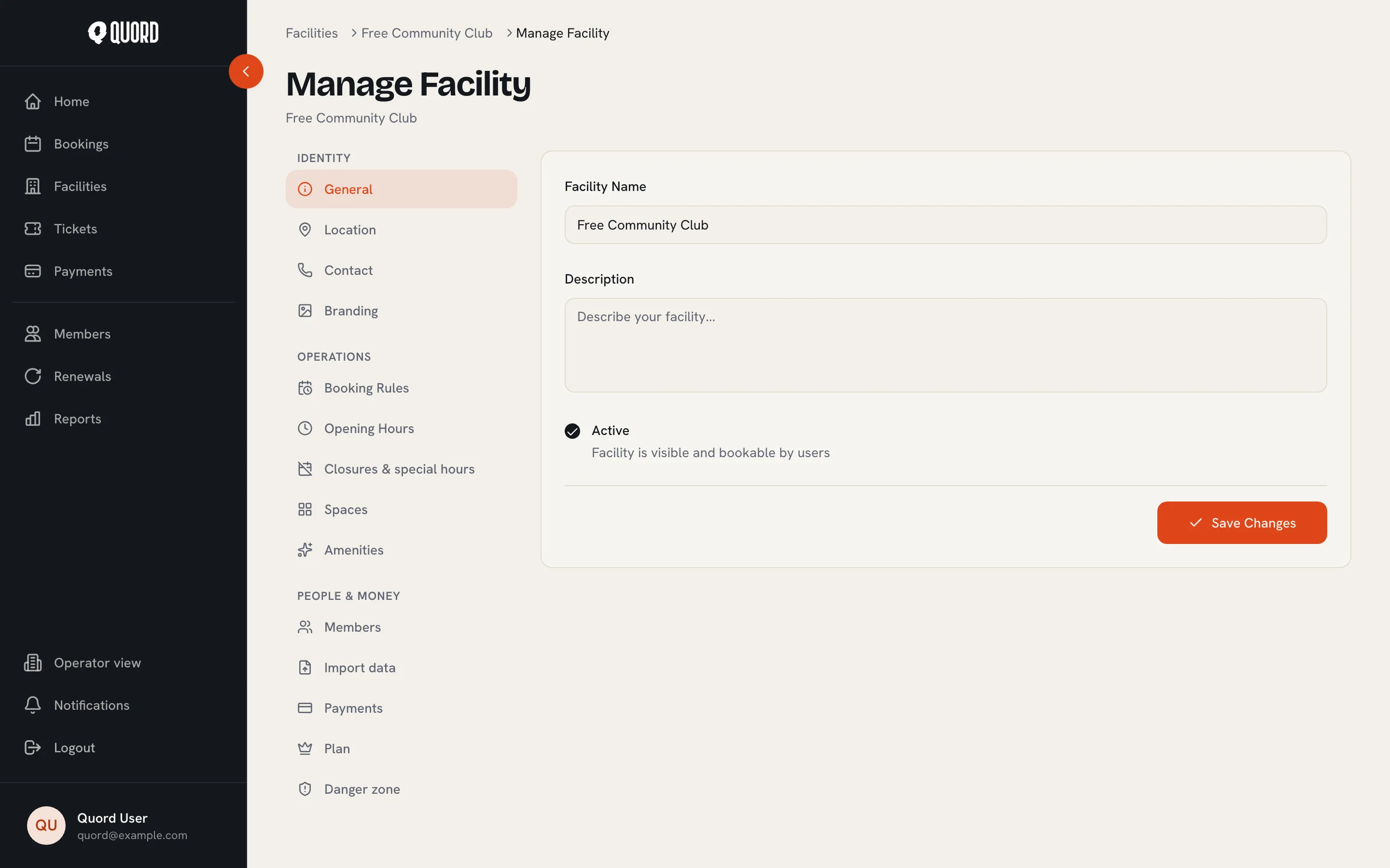 Manage Facility page showing the General section with facility name, description and the Active checkbox