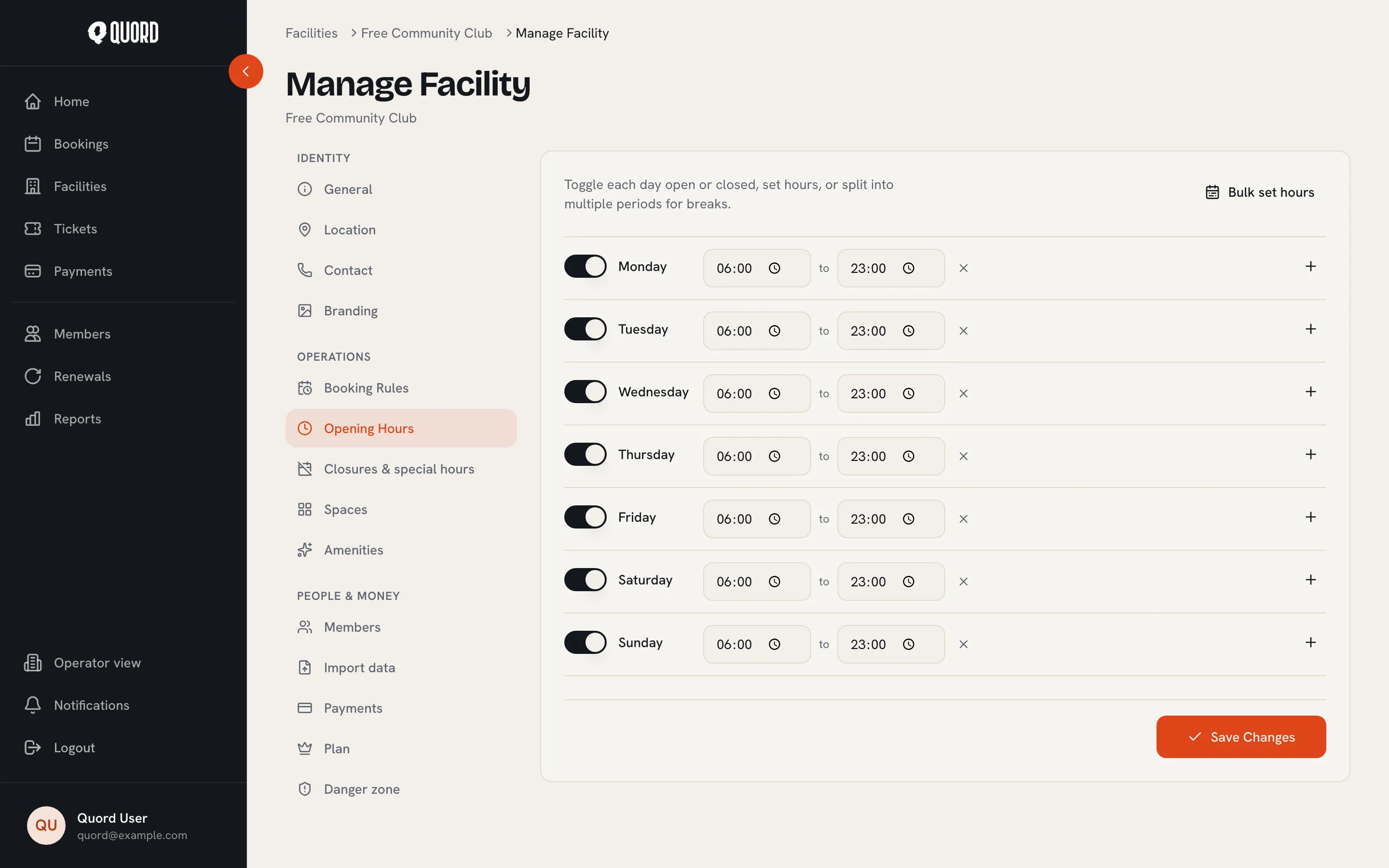 Opening Hours editor with a toggle, open and close times for each day of the week, and a Bulk set hours button