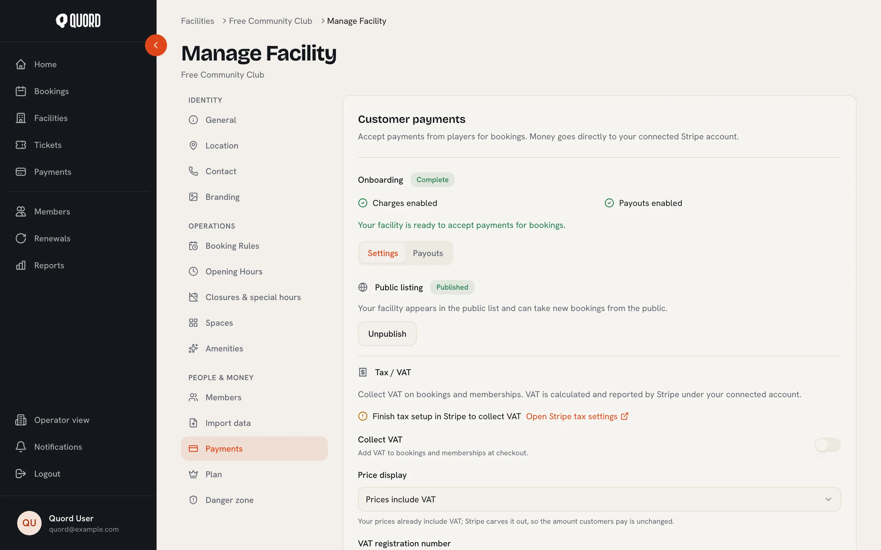 Payments section showing onboarding complete, charges and payouts enabled, the public listing control and VAT settings