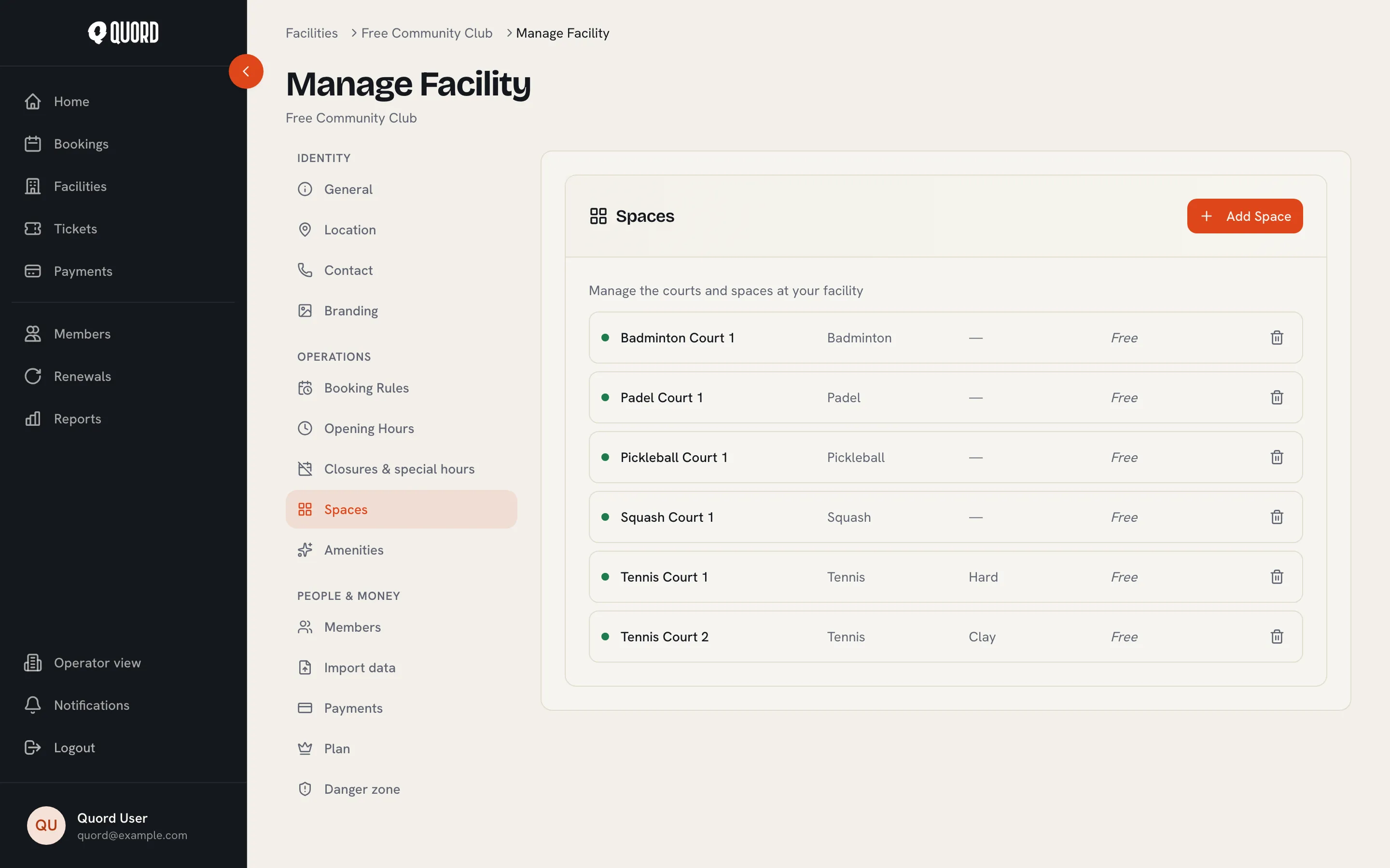 Spaces section listing courts with sport, surface and price, and an Add Space button