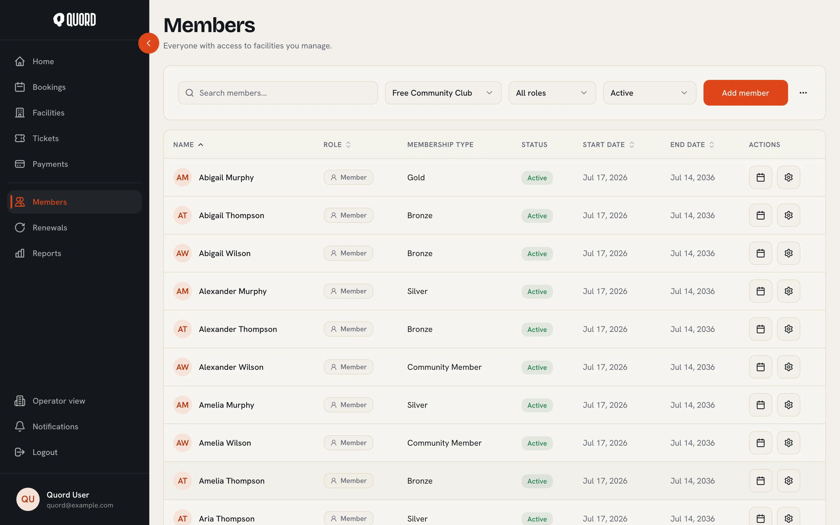 Members roster with search, role and status filters, and a table of names, membership types, statuses and dates