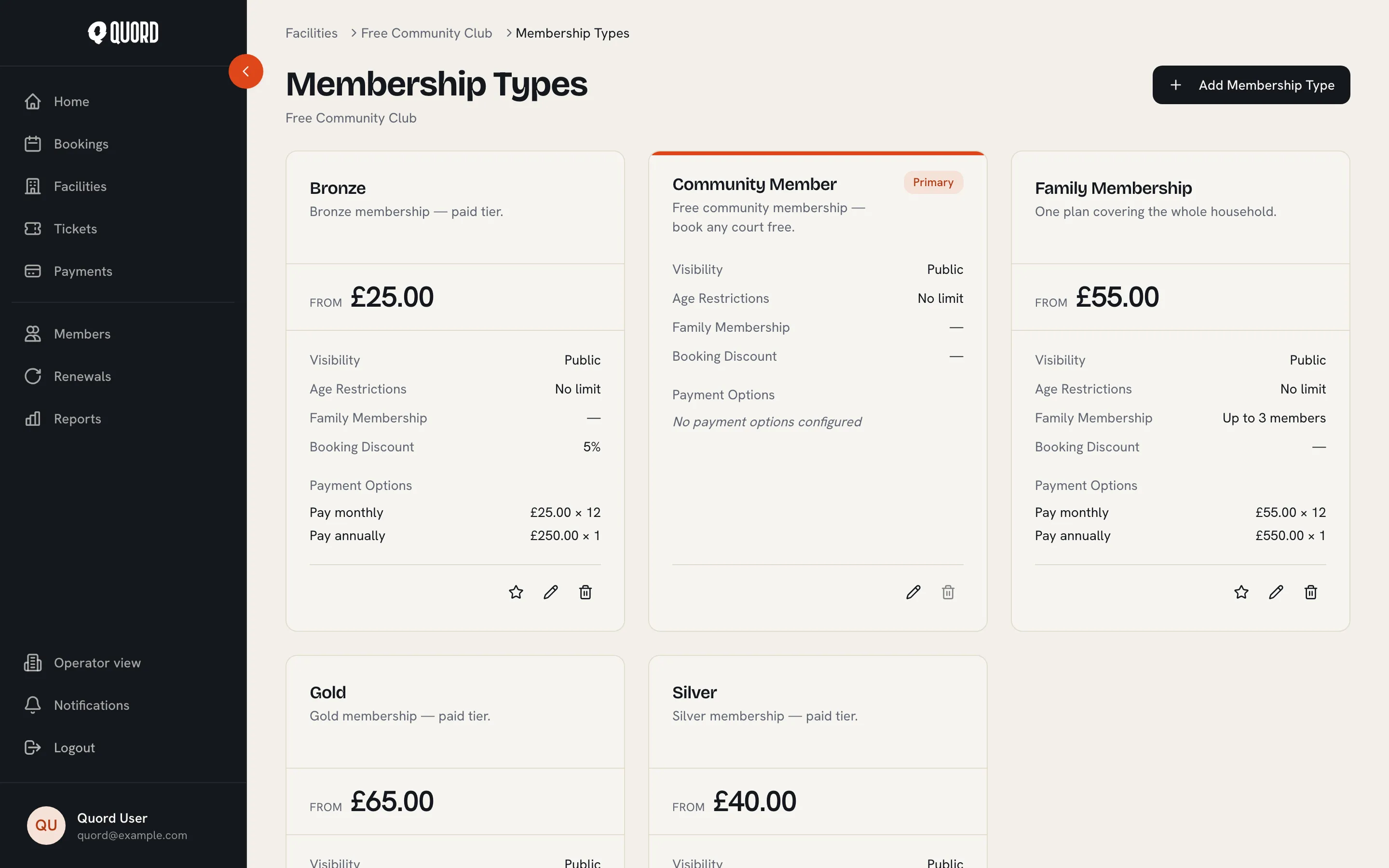 Membership Types page with plan cards showing prices, visibility, payment options and a Primary badge