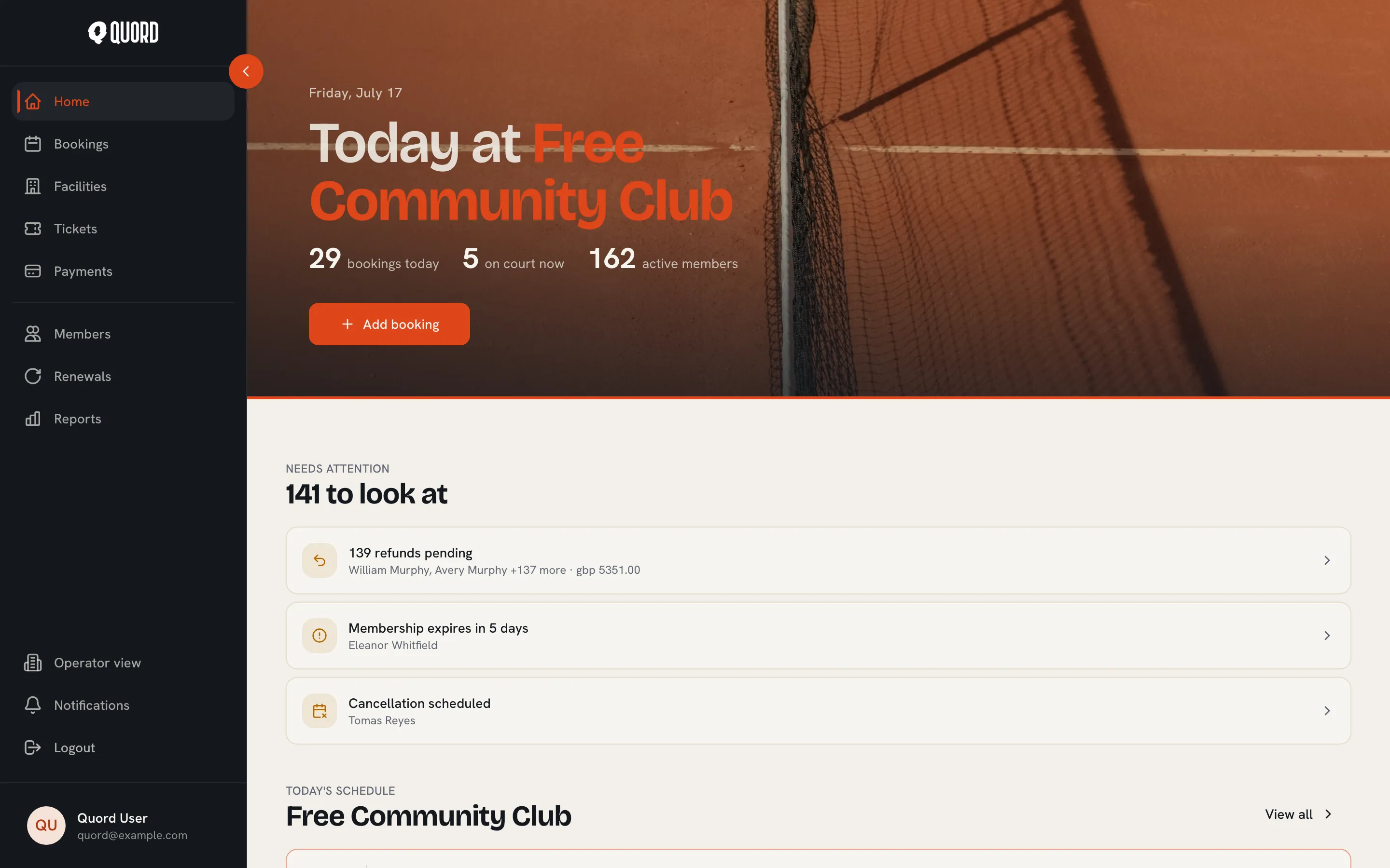 The operator Home dashboard showing today’s booking count, active members, and items that need attention