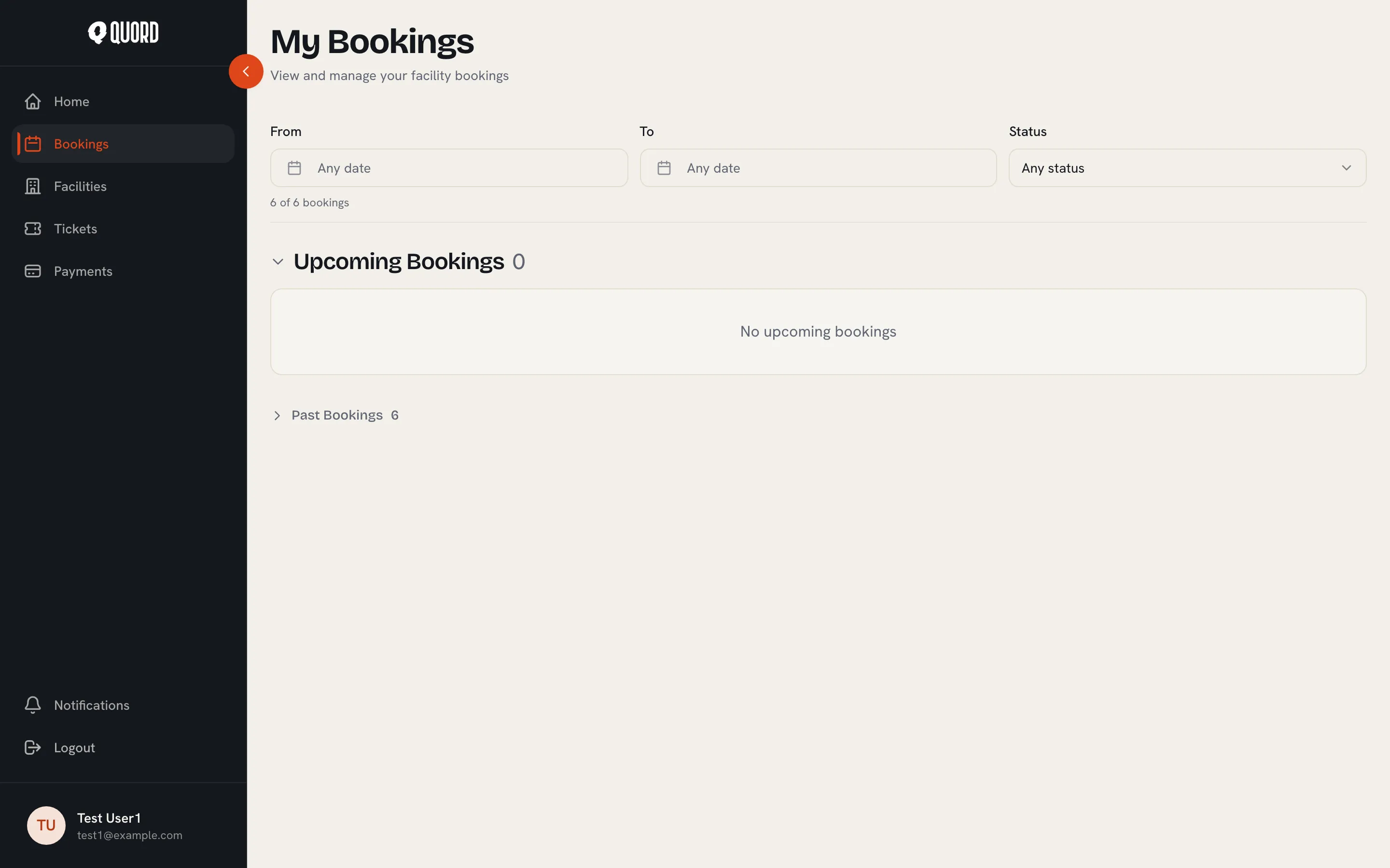 My Bookings page with date and status filters above the upcoming and past sections