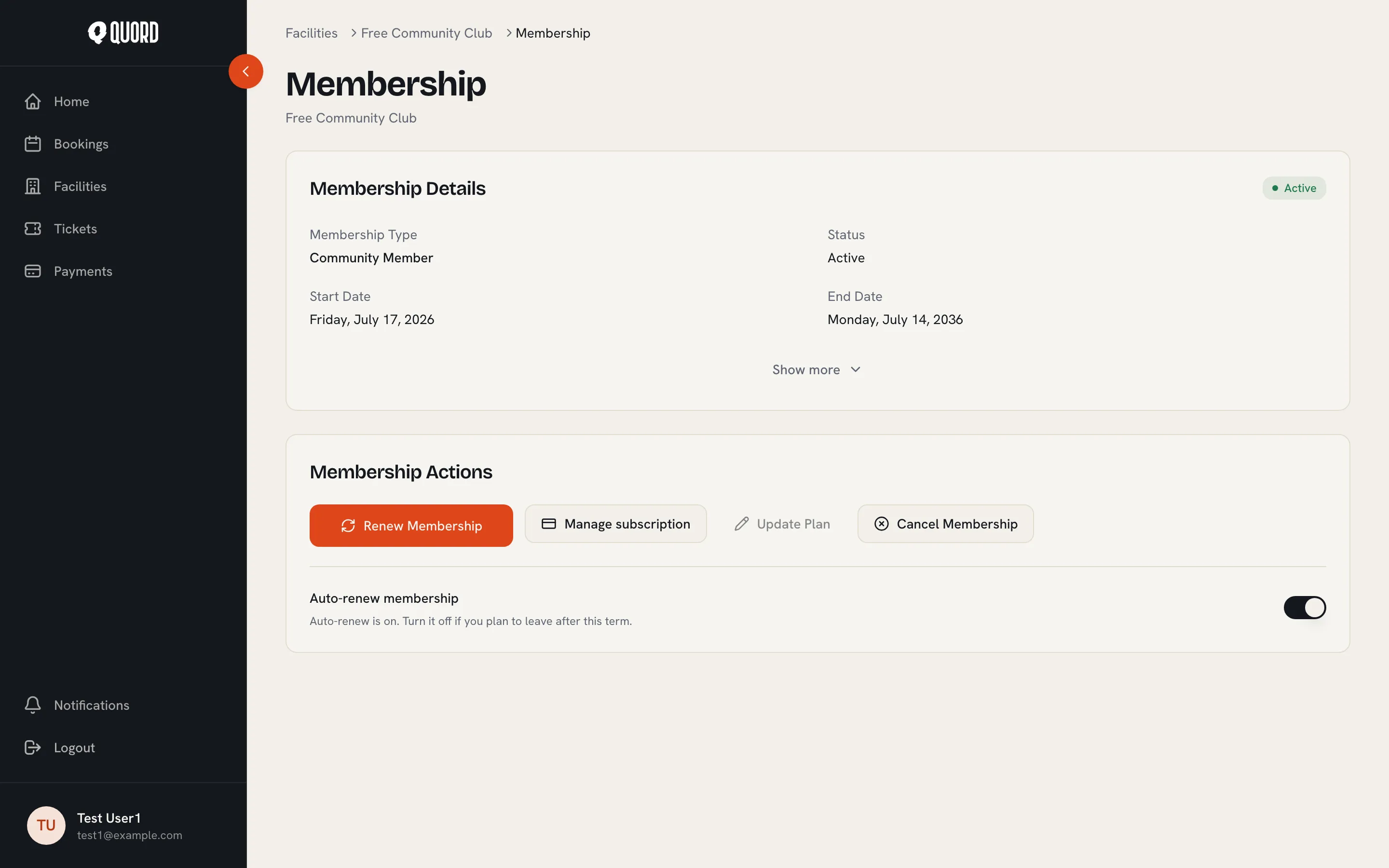 “Membership” page with details card and the Membership Actions row