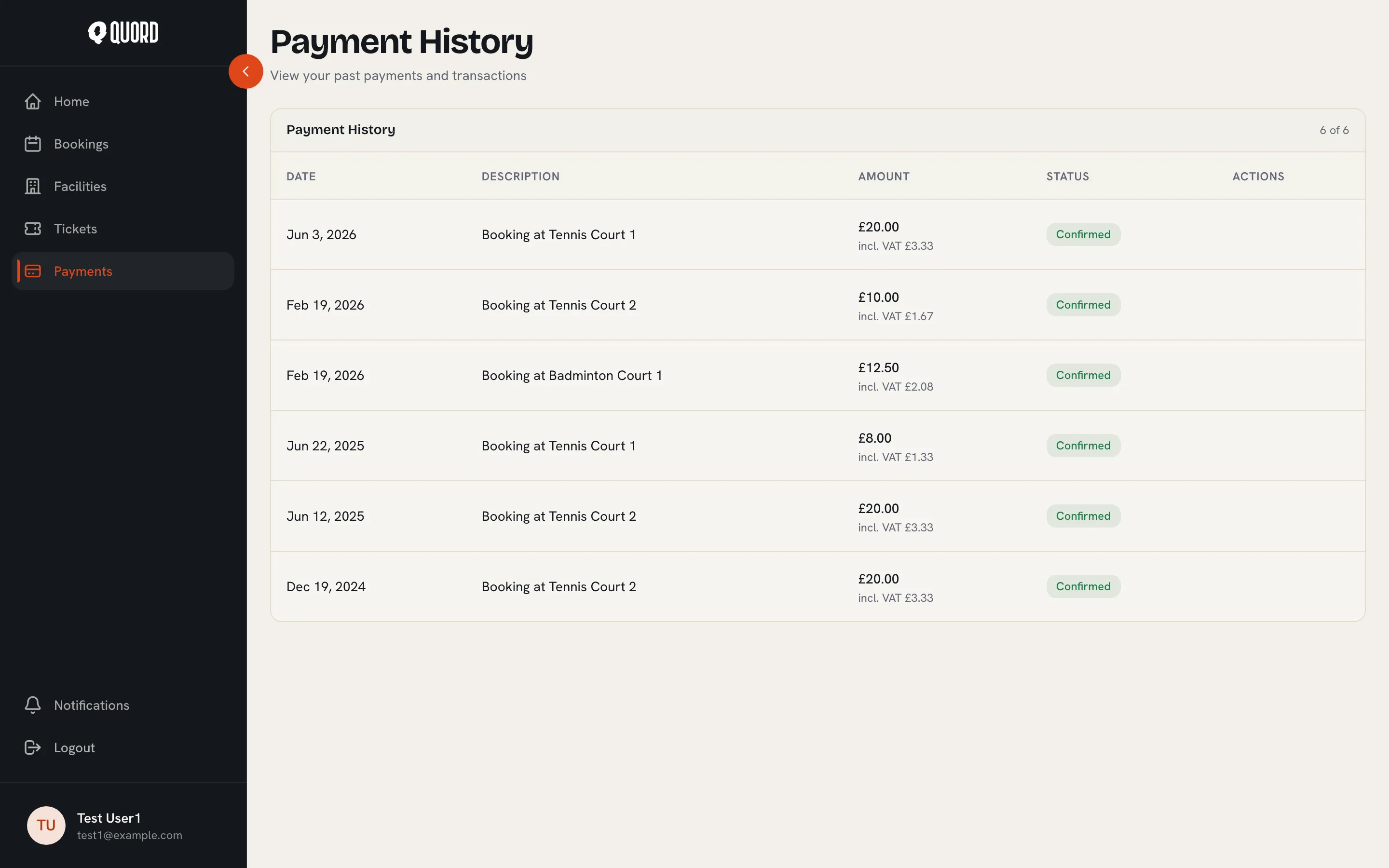 Payment History table with dates, descriptions, VAT-inclusive amounts and statuses