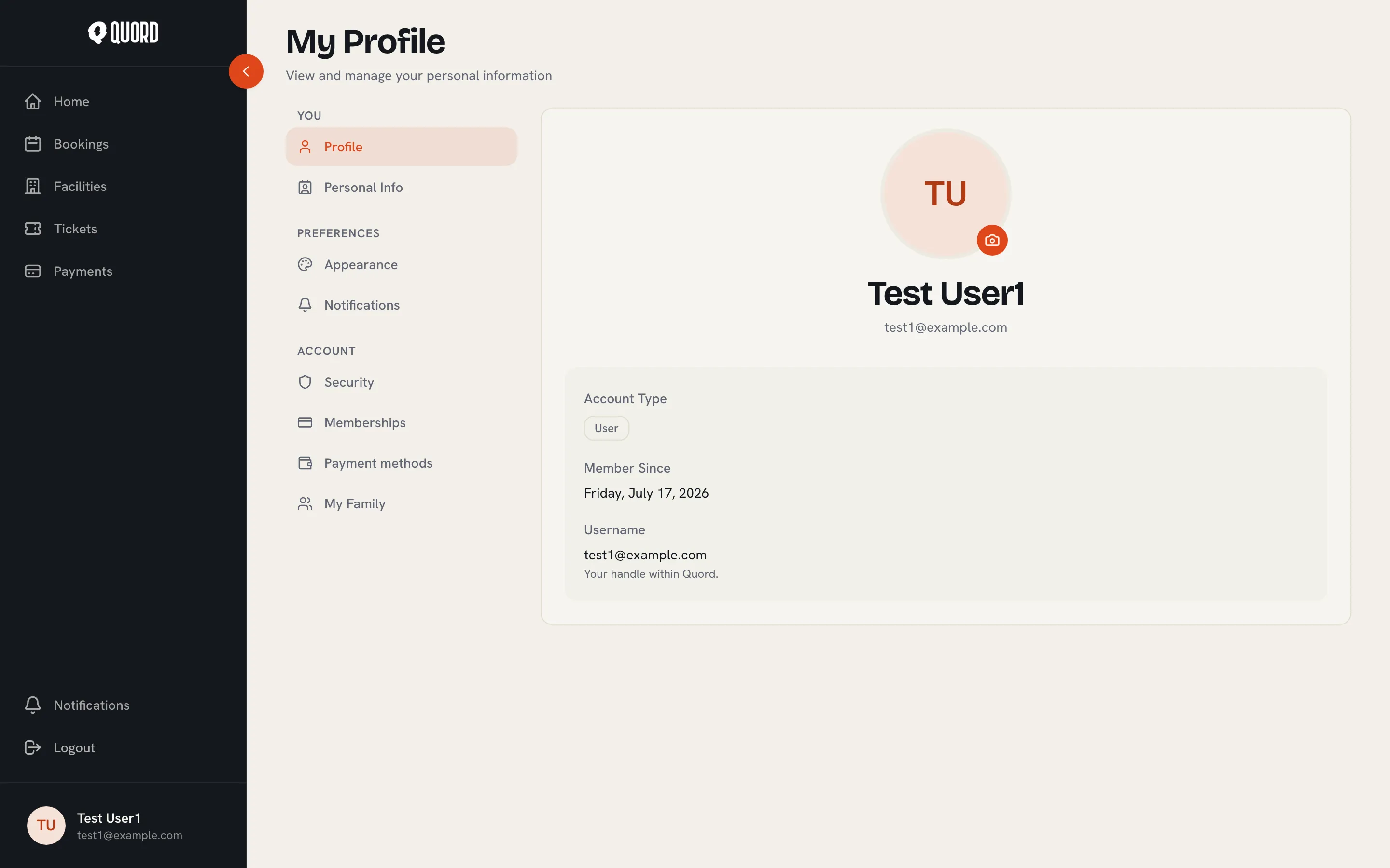 My Profile page with the section list on the left and the profile card on the right