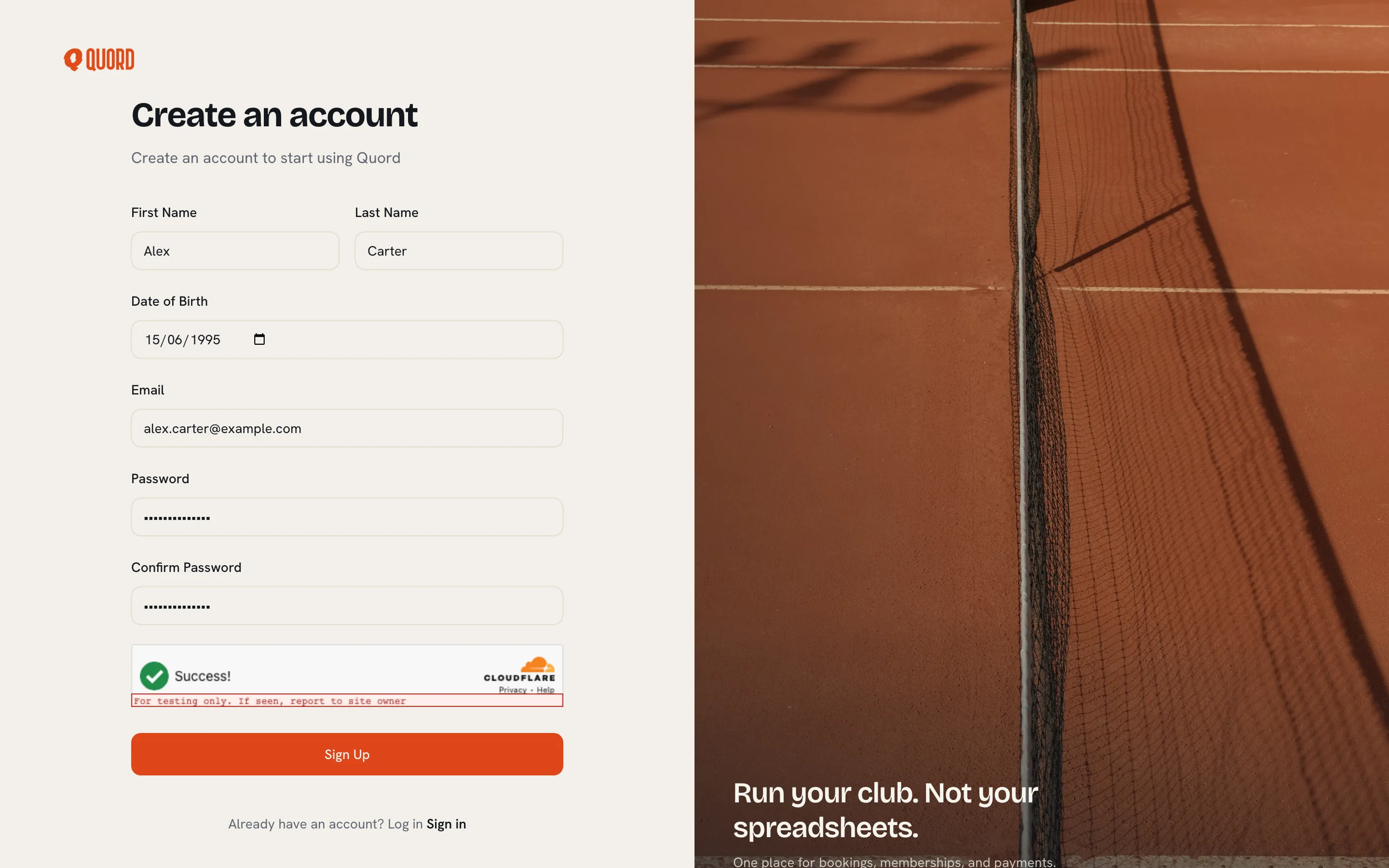 The Create an account form with name, date of birth, email and password fields